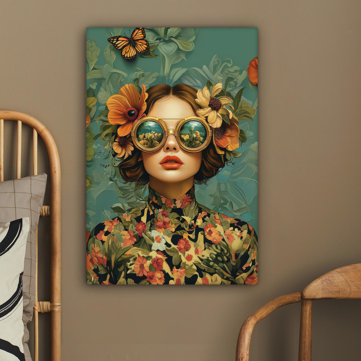 LEINWANDBILD Frau - Blumen - Schmetterlinge - Natur - Vintage Wanddeko Schlafzimmer 60x90 cm - Salbeigrün, Textil (60/90cm) - MuchoWow