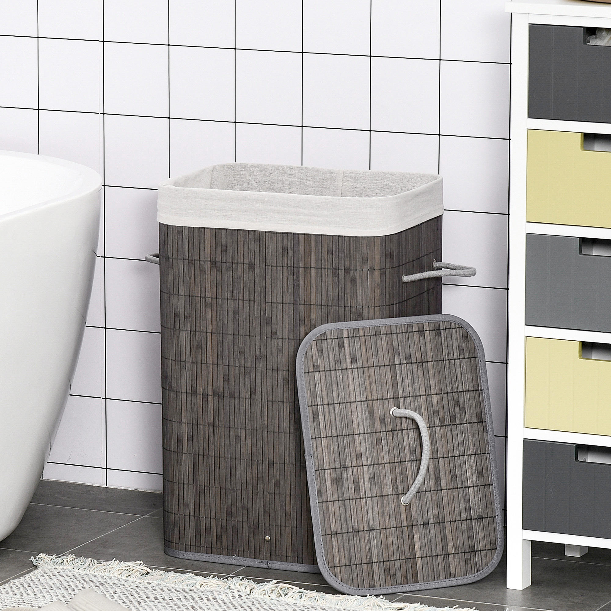 WÄSCHEKORB schmal mit Deckel 83L, Bambus, Grau - Grau, Naturmaterialien (43/61/32cm) - HOMCOM
