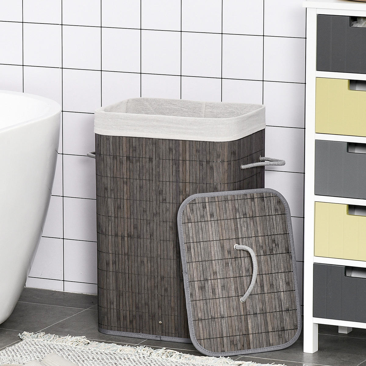 WÄSCHEKORB schmal mit Deckel 83L, Bambus, Grau - Grau, Naturmaterialien (43/61/32cm) - HOMCOM