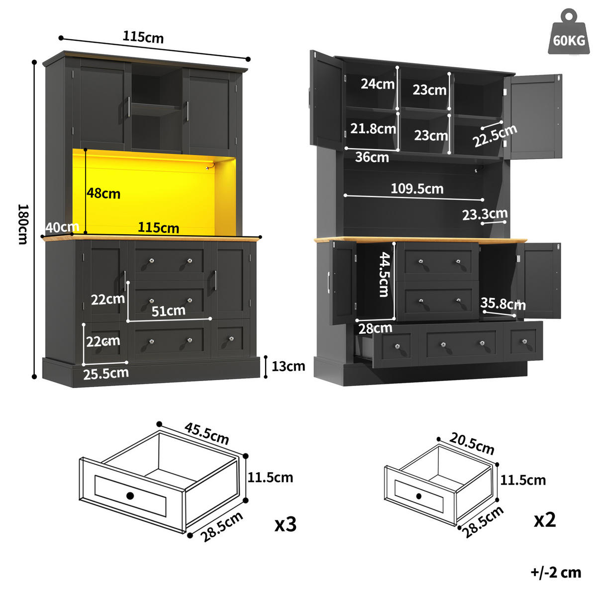 VITRÍNA 115/40/180 cm s LED osvětlením, ovládáním přes aplikaci a ochranou proti převržení, Černá / Přírodní - černá, kompozitní dřevo (115/180/40cm) - Redom