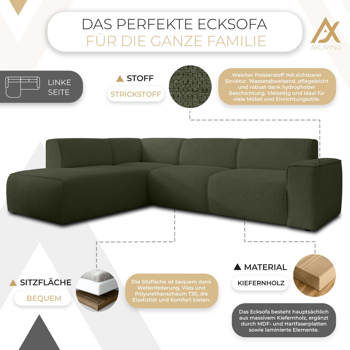 ECKSOFA L Form Didim Grün 292/220/78 cm – großes Sofa stilvoll & bequem L - Schwarz/Grün, Kunststoff/Textil (220/292cm) - AX Living