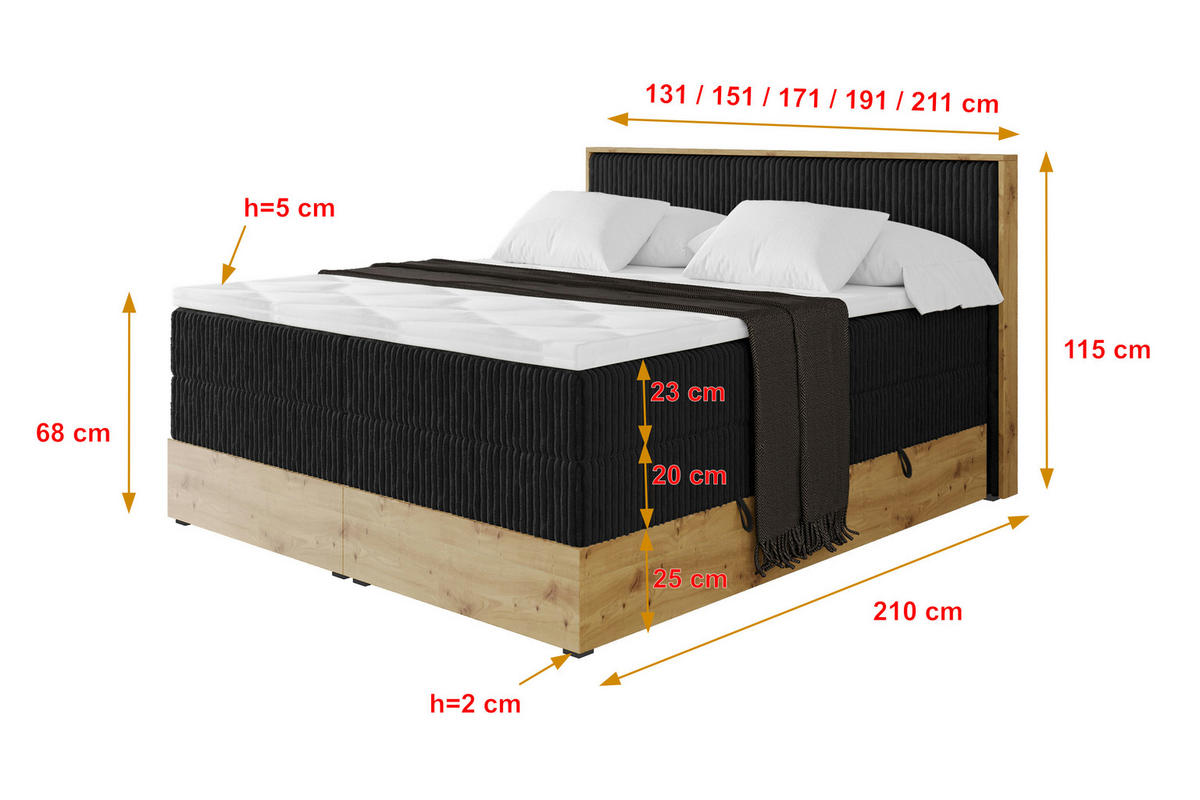 BOXSPRINGBETT LOLLI9 -KING 200x200 - H3/H4 Schwarz - Schwarz, Holzwerkstoff (200/200cm) - ALTDECOR