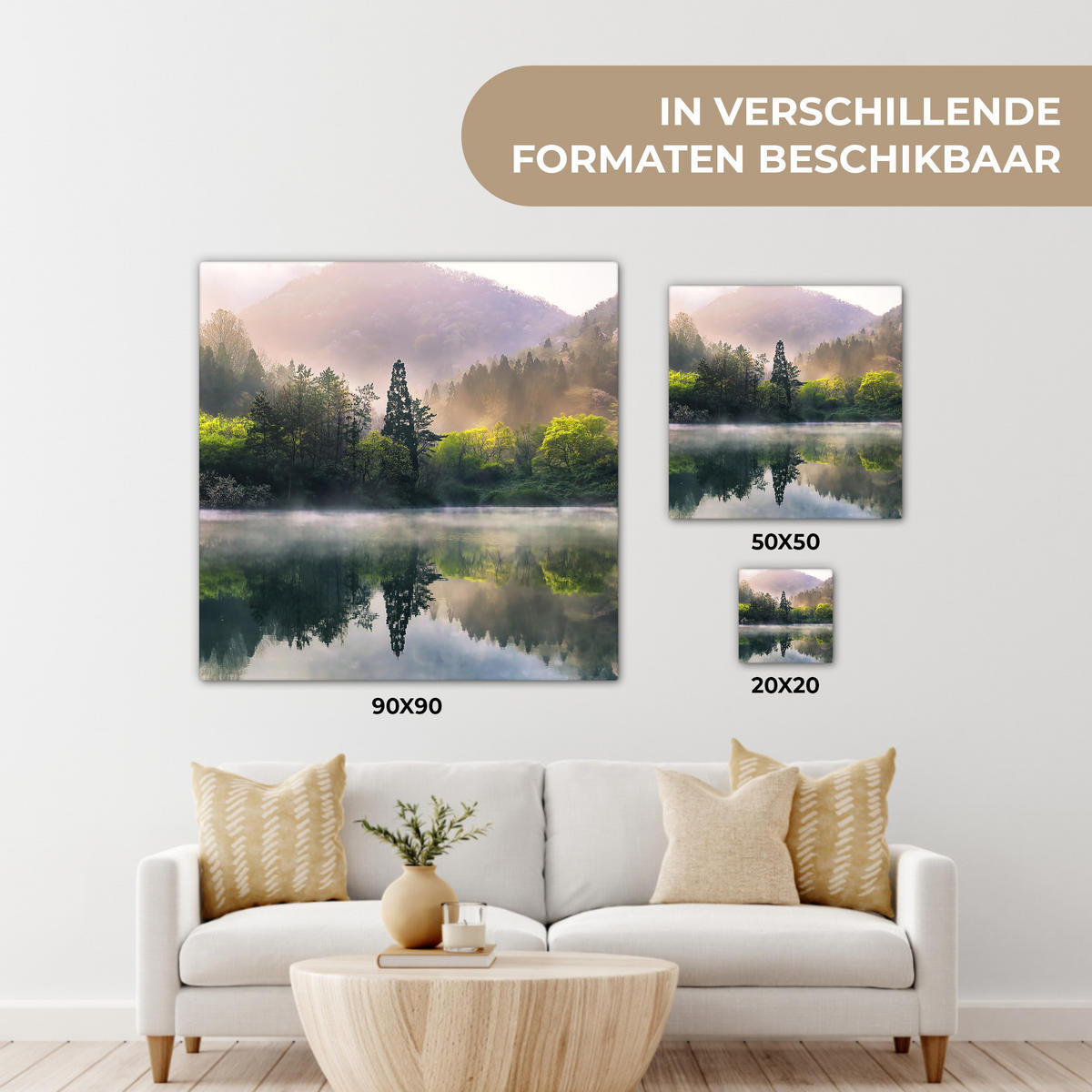 LEINWANDBILD Natur - Bäume - Berge - See - Wasser 90x90 cm - Hellgrün, Textil (90/90cm) - MuchoWow