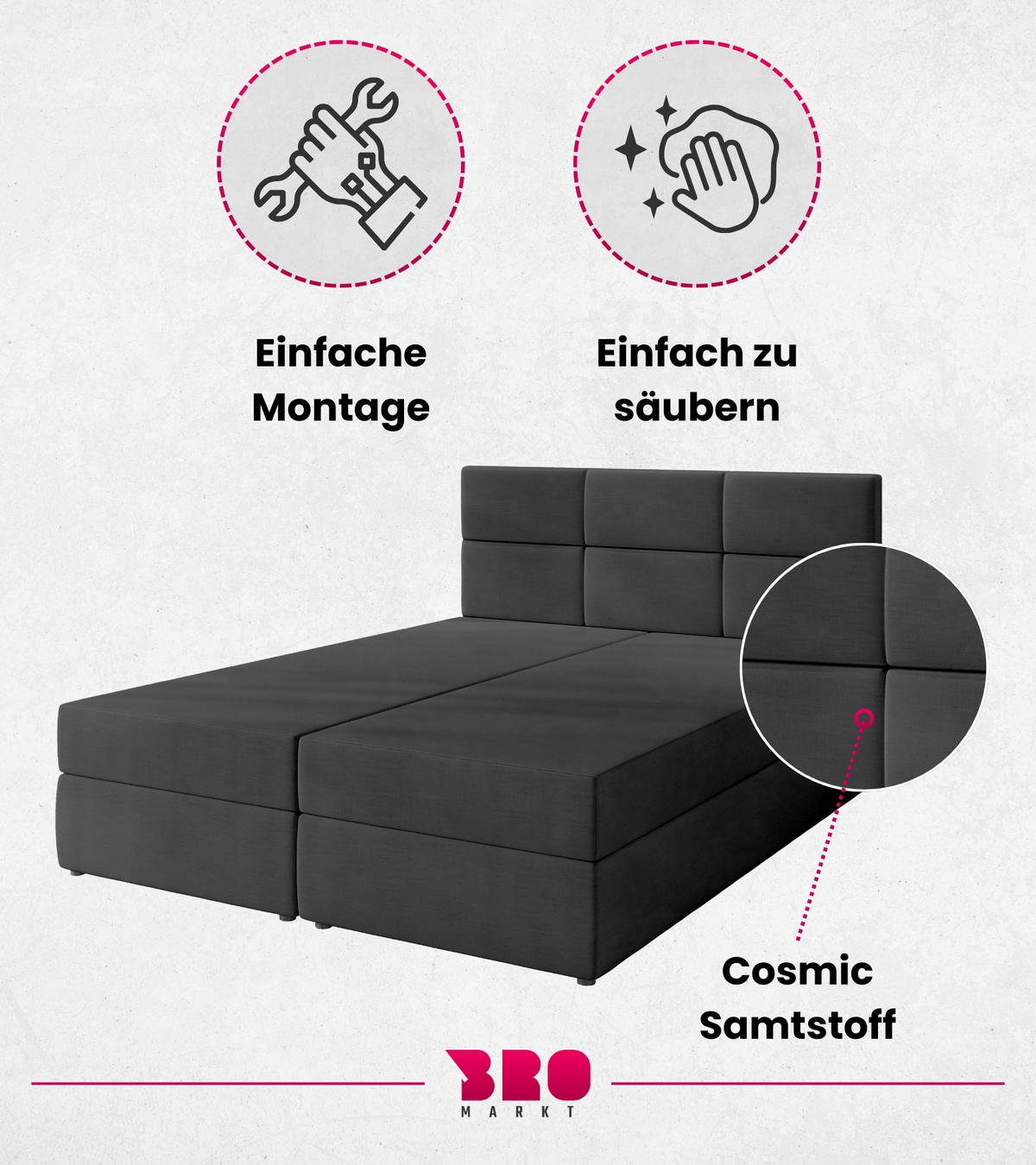 BOXBETT Boston mit Topper 180/200 Anthrazit - Anthrazit, Holzwerkstoff/Textil (180/200cm) - Bromarkt