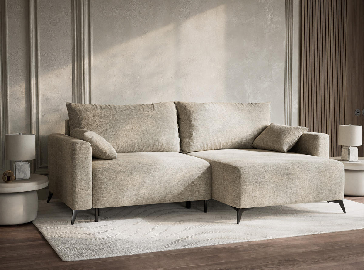 ECKSOFA MIT SCHLAFFUNKTION Leon Beige Chenille-Stoff - Beige/Schwarz, Holz/Holzwerkstoff (239/148cm) - Maison de Reve