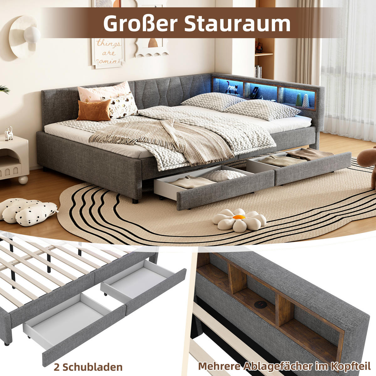 TAGEBETT 140x200cm Grau Leinen USB-C LED-Licht 2 Schubladen - Grau, Holz (140/200cm) - FLIEKS