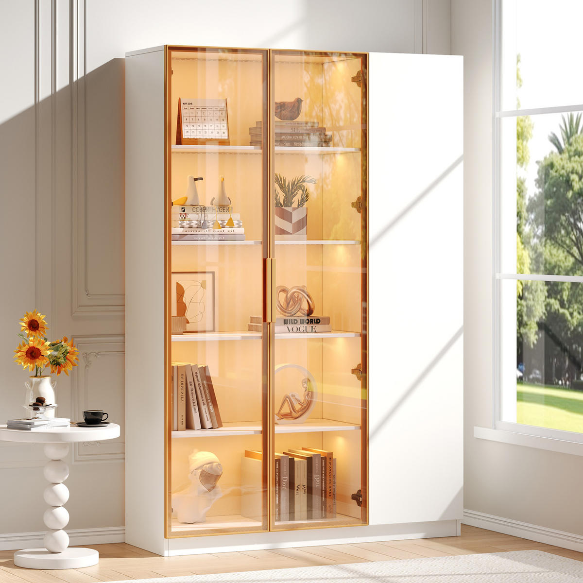 HIGHBOARD 110/35/165 cm in Weiß mit LED-Beleuchtung und Sicherheitsglas - Weiß, Holzwerkstoff (115/165/35cm) - Flora Grace
