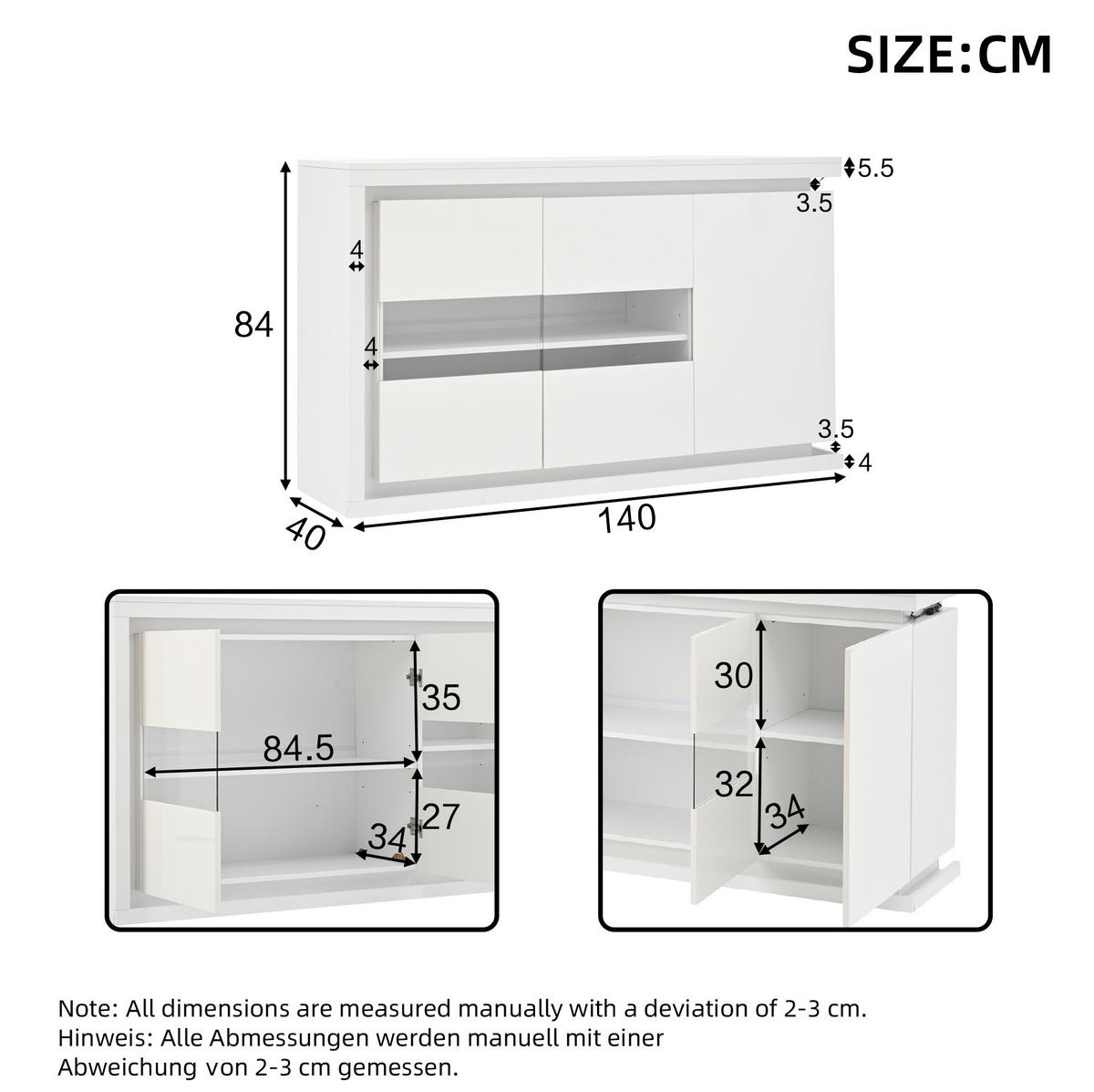 SIDEBOARD 140/40/84 cm Weiß aus Spanplatte mit LED-Lichtleiste - Weiß, Holzwerkstoff (40/84/140cm) - OKMYHOME