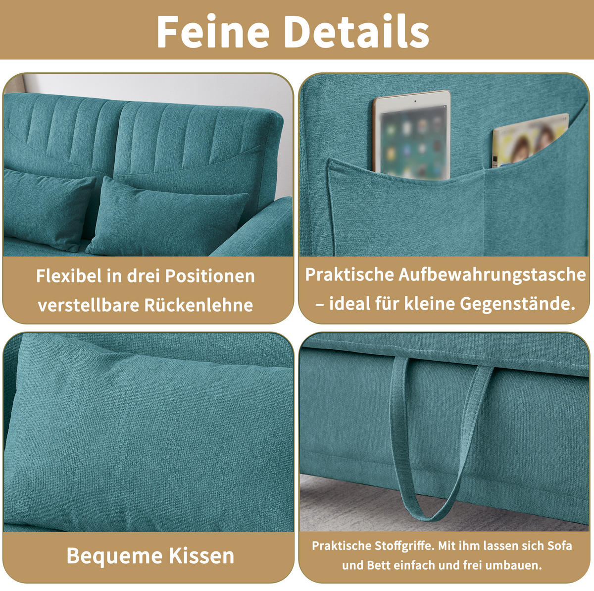 SCHLAFSOFA Baumwoll-Leinen mit Ausziehfunktion und verstellbarer Rückenlehne Antik Blaugrün 114/77/82,5 cm - Türkis, Textil (77/82.5/114cm) - Redom