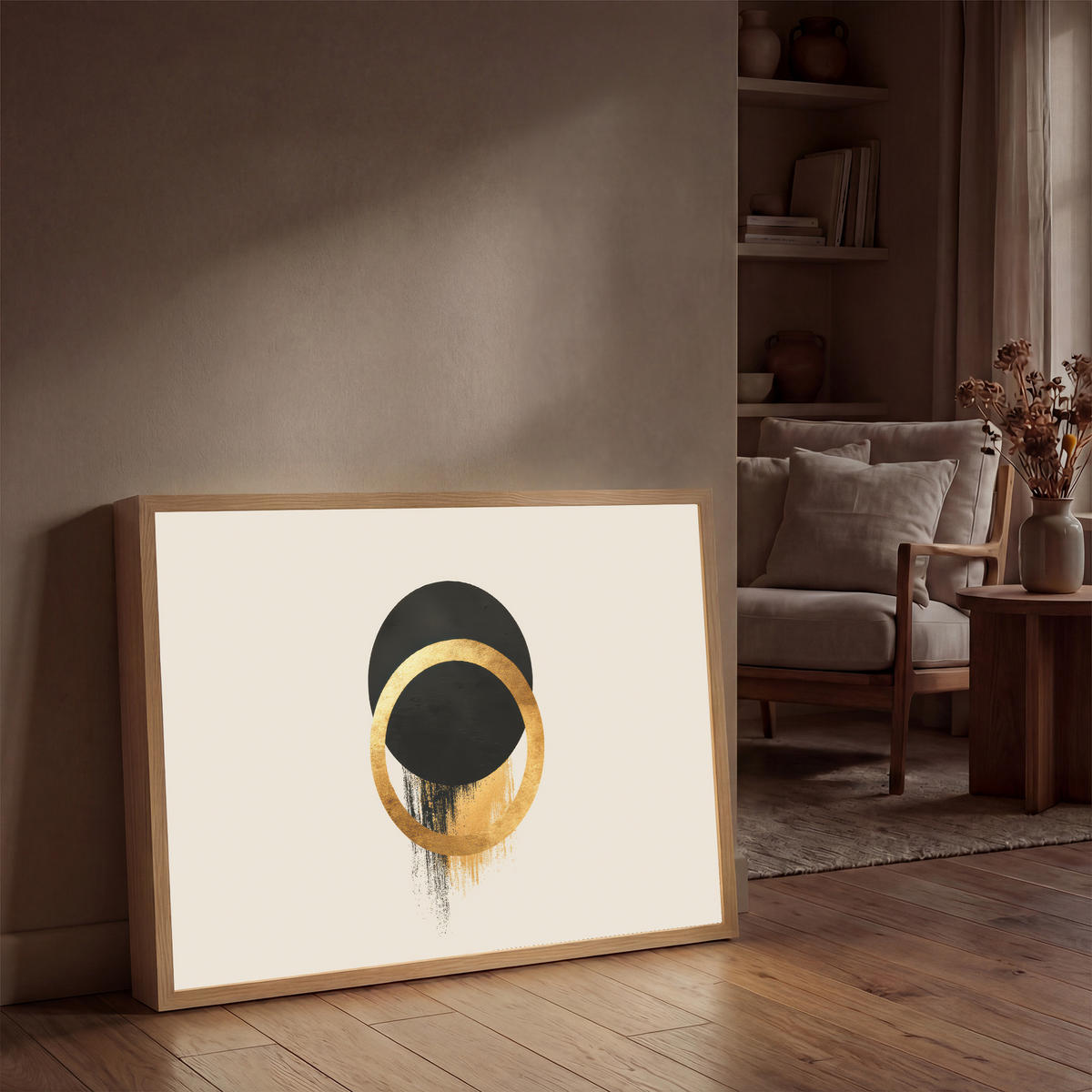 WANDLEUCHTE MIT AKKU Abstraktes Design - Schwarzer Kreis - Farbflecken 100x70 cm - Creme, Holzwerkstoff (100/70/8cm) - OnlyWow