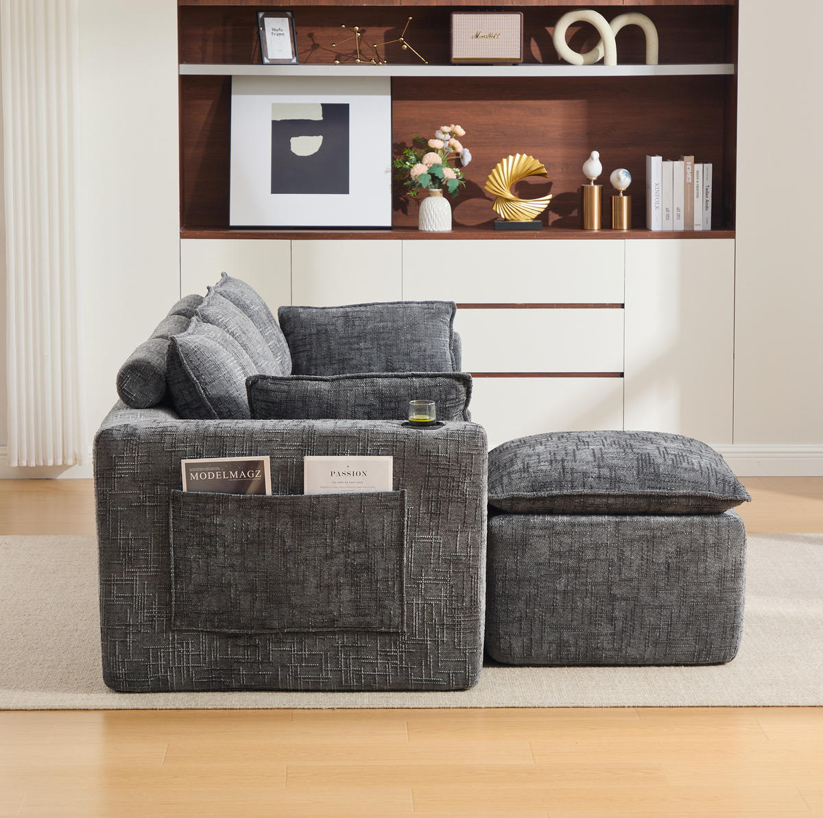 ECKSOFA 256/161/75 cm dunkelgrau aus Chenille mit Kissen und Seitentaschen - Dunkelgrau, Textil (161/256cm) - OKWISH