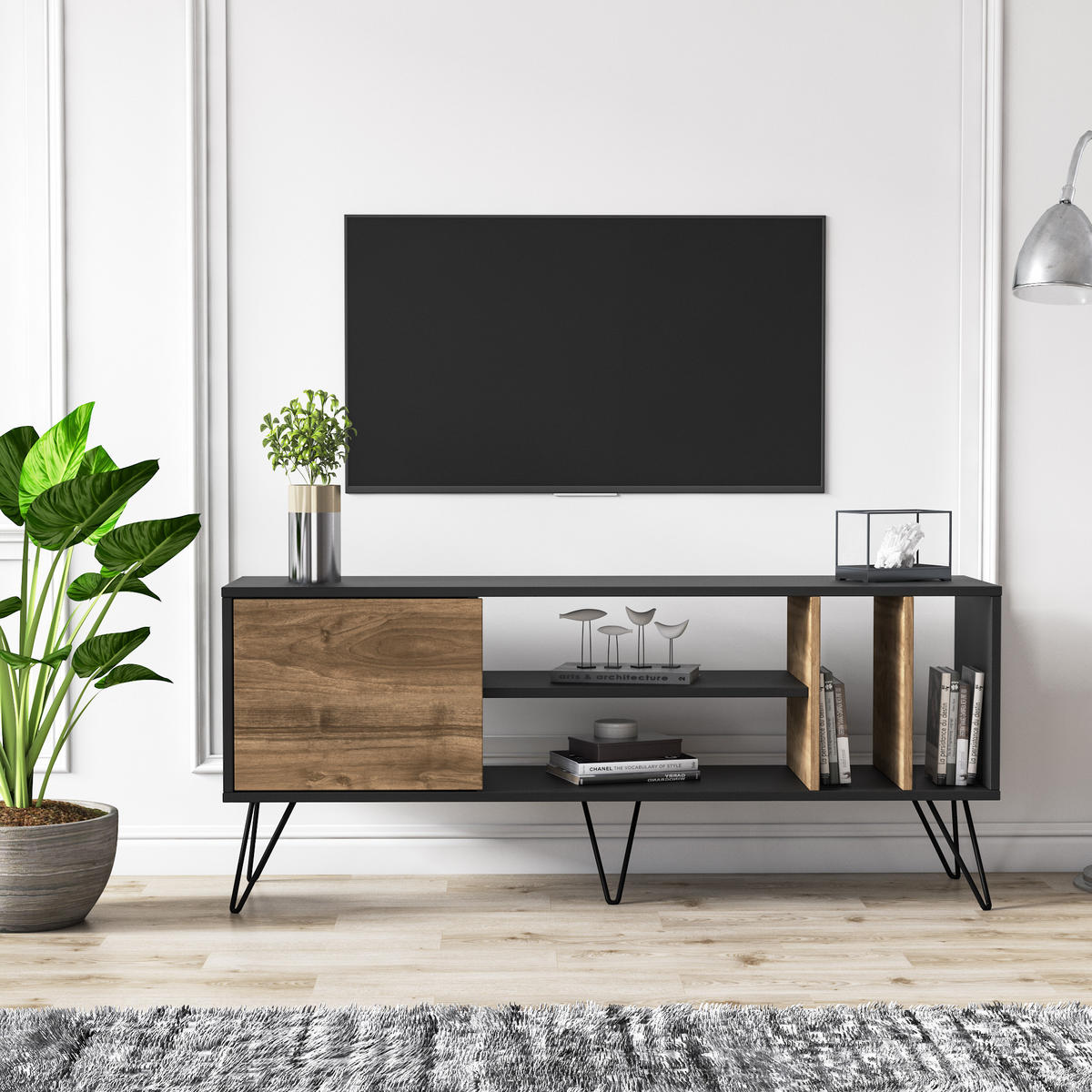 TV-ELEMENT Mictico 140 cm Schwarz Walnuss - Walnussfarben/Schwarz, Holzwerkstoff (35.5/58.4/140cm) - Decorotika