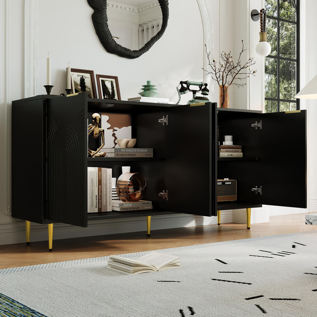 SIDEBOARD 160/40/80 cm aus MDF und Spanplatte mit 4 Türen Schwarz - Schwarz, Holzwerkstoff (160/80/40cm) - Modenvie