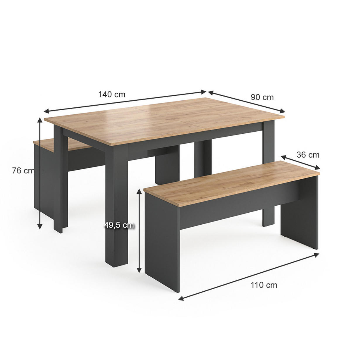 ESSTISCH SET Sentio Anthrazit 90 x 140 cm mit 2 Bänken - Anthrazit, Holzwerkstoff (140/76/90cm) - Vicco