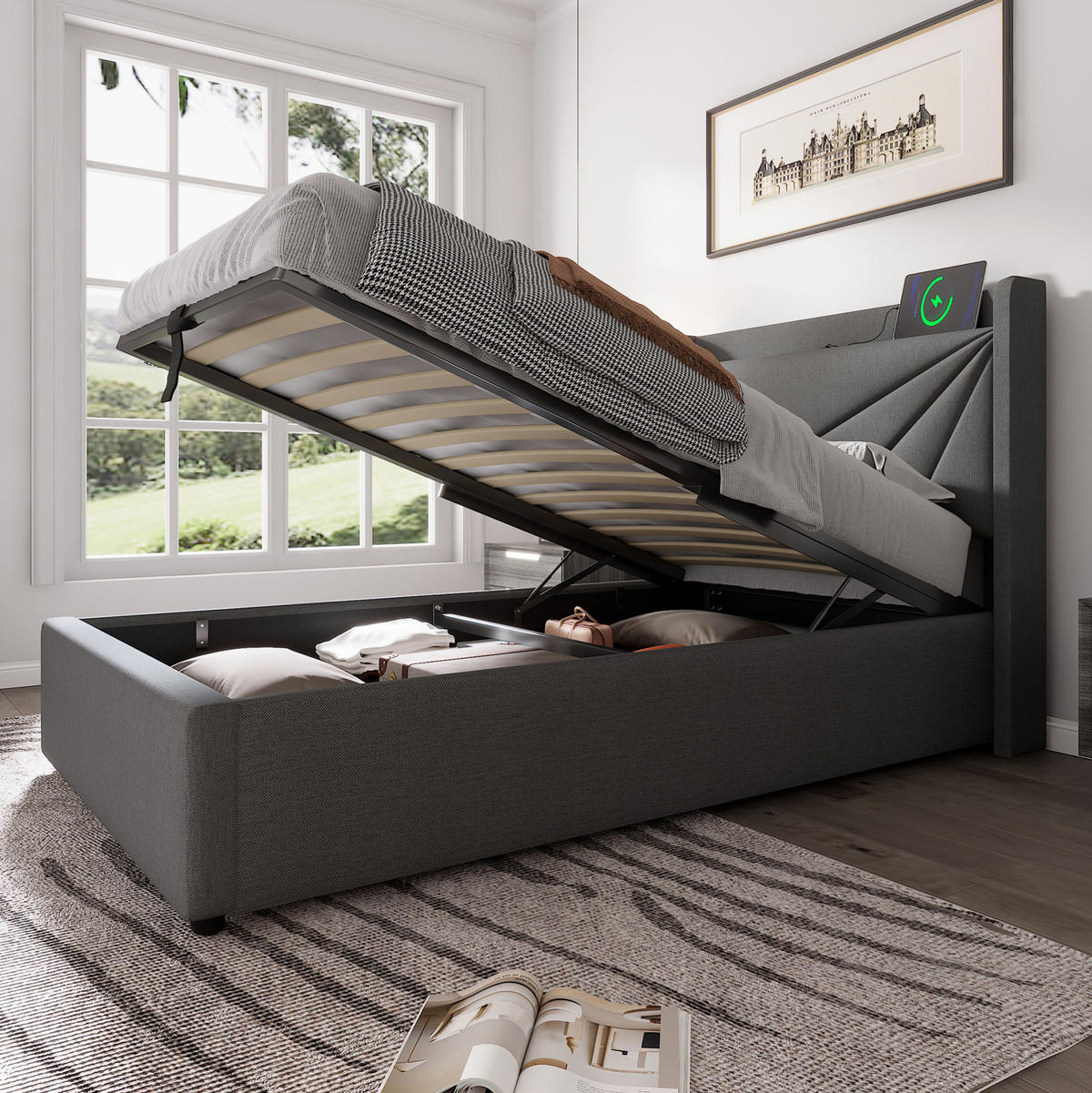 POLSTERBETT 90/200 cm Grau mit Stauraum und USB- und Type-C-Anschlüssen - Grau, Textil (90/200cm) - Flora Grace