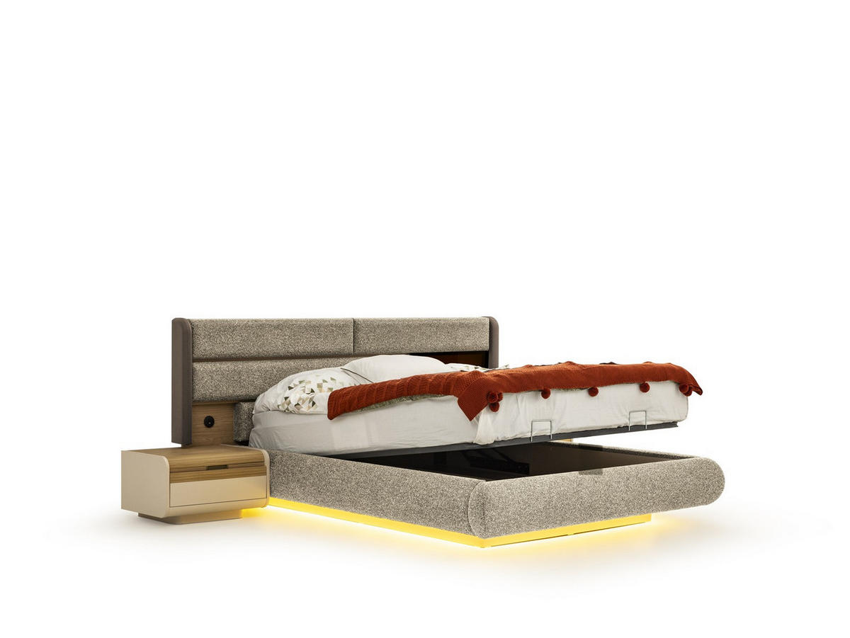 BETTANLAGE AURA 2 Schlafzimmer-Set, 4-teilig, Beige, Bett mit Kopfteil, 2 Nachttische und Kommode - Beige, Leder/Holzwerkstoff (160/200cm) - Villa Möbel