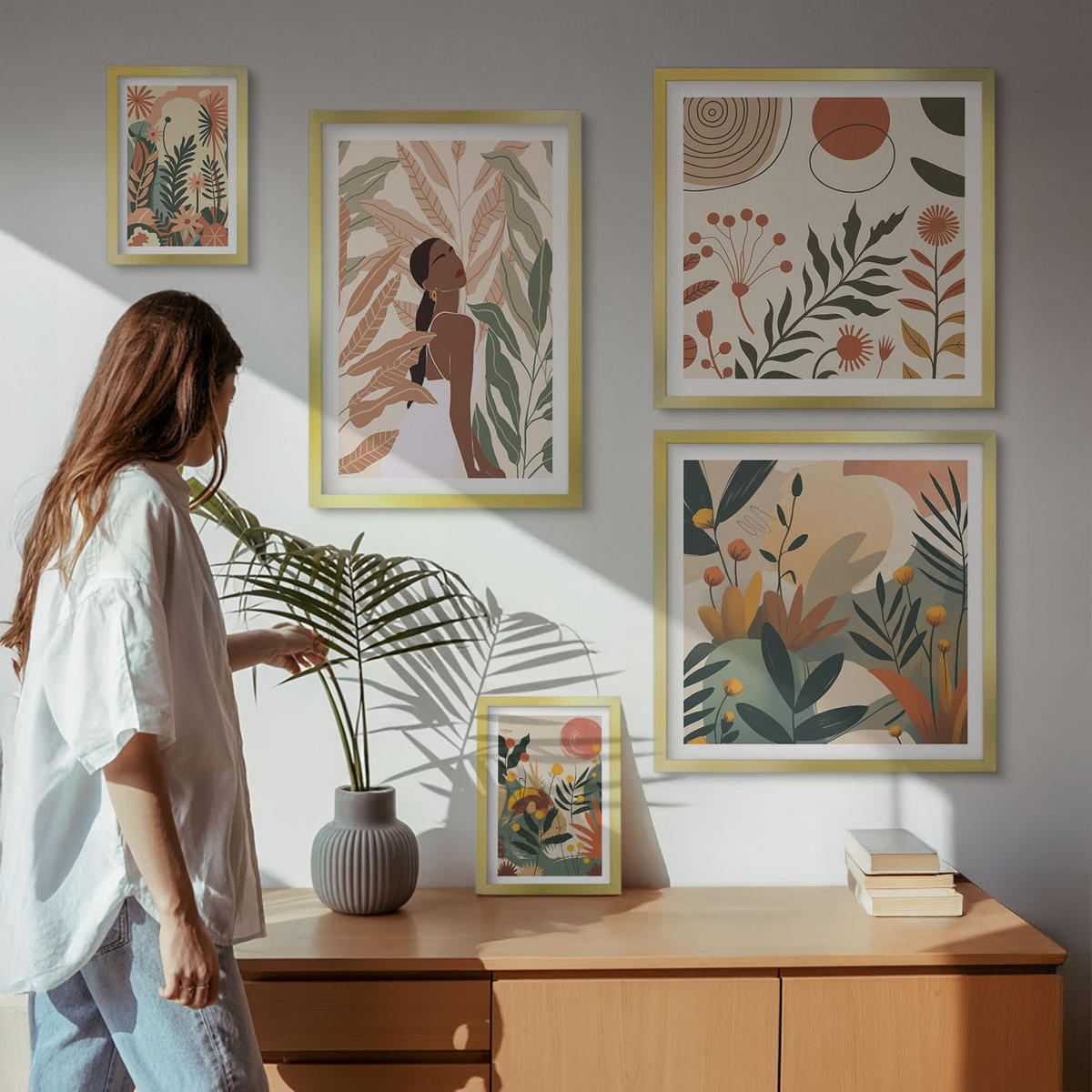 BILDER SET 5er Set - 50x50 cm & 20x30 cm & 40x60 cm Goldrahmen - Pflanzenmotive in Farben - Goldfarben, Kunststoff (40/60cm) - TULUP