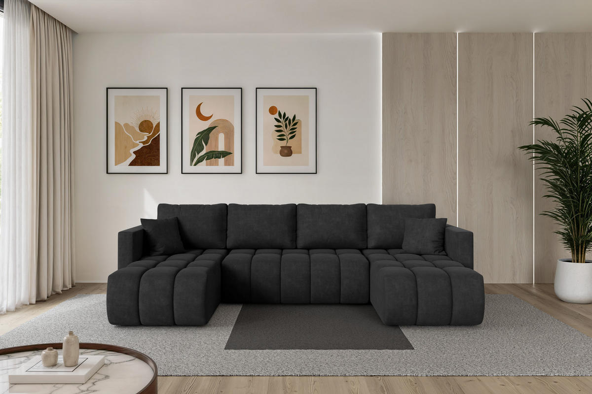 SEDACÍ SOUPRAVA DO U s funkcí spaní a úložným prostorem GARD-U 300x146x85 černá velur - černá, kompozitní dřevo/textil (300/85/146cm) - ALTDECOR