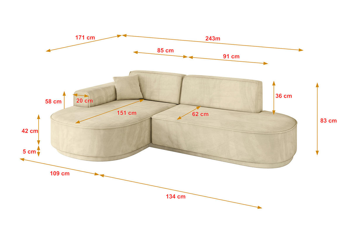 ECKSOFA Ottomane Links MARI-L1-v3 - 243x171x83 cm Beige Velours - Beige/Schwarz, Holzwerkstoff/Kunststoff (243/171cm) - ALTDECOR