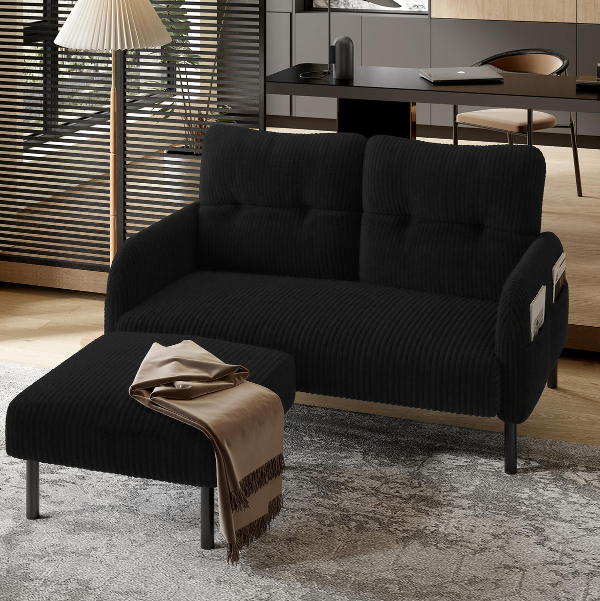 SOFA 2-Sitzer 120 x 75 x 79 cm Cord Black mit Seitentasche - Schwarz, Kunststoff (120/79/75cm) - Meubliv