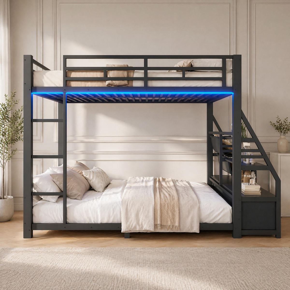 ETAGENBETT 140/200 mit Stoffschubladen und Ablagen in Schwarz - Schwarz, Holzwerkstoff/Metall (140/200cm) - EVRYAE