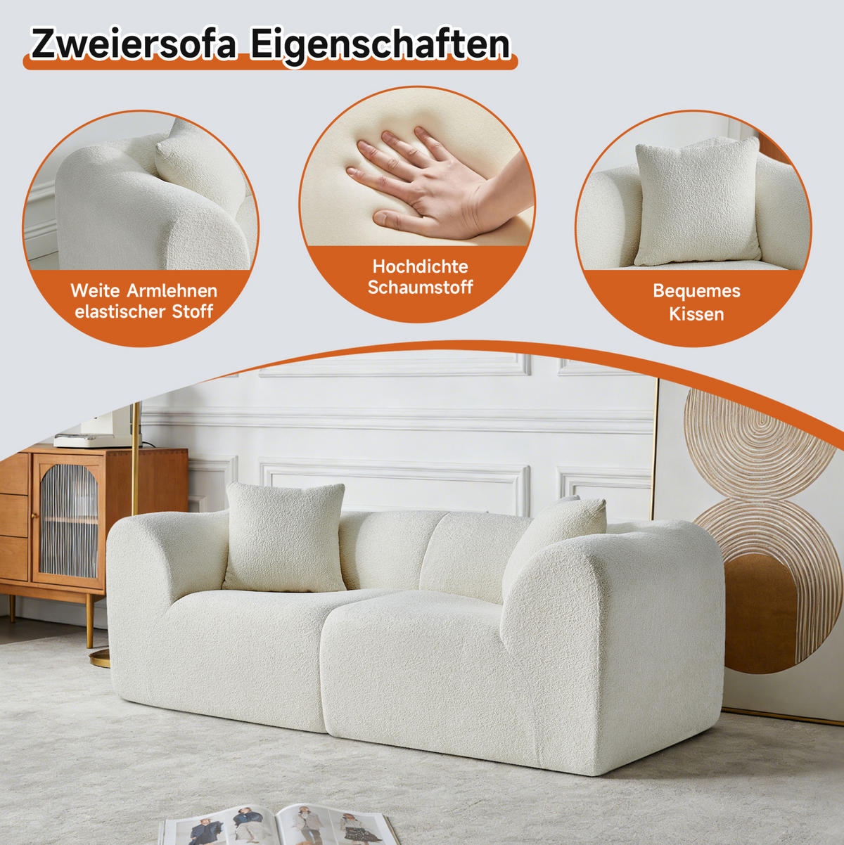 2-SITZER Sofa Samt mit 2 Kissen 193/87/67 cm Beige - Beige, Textil (87/67/193cm) - Redom