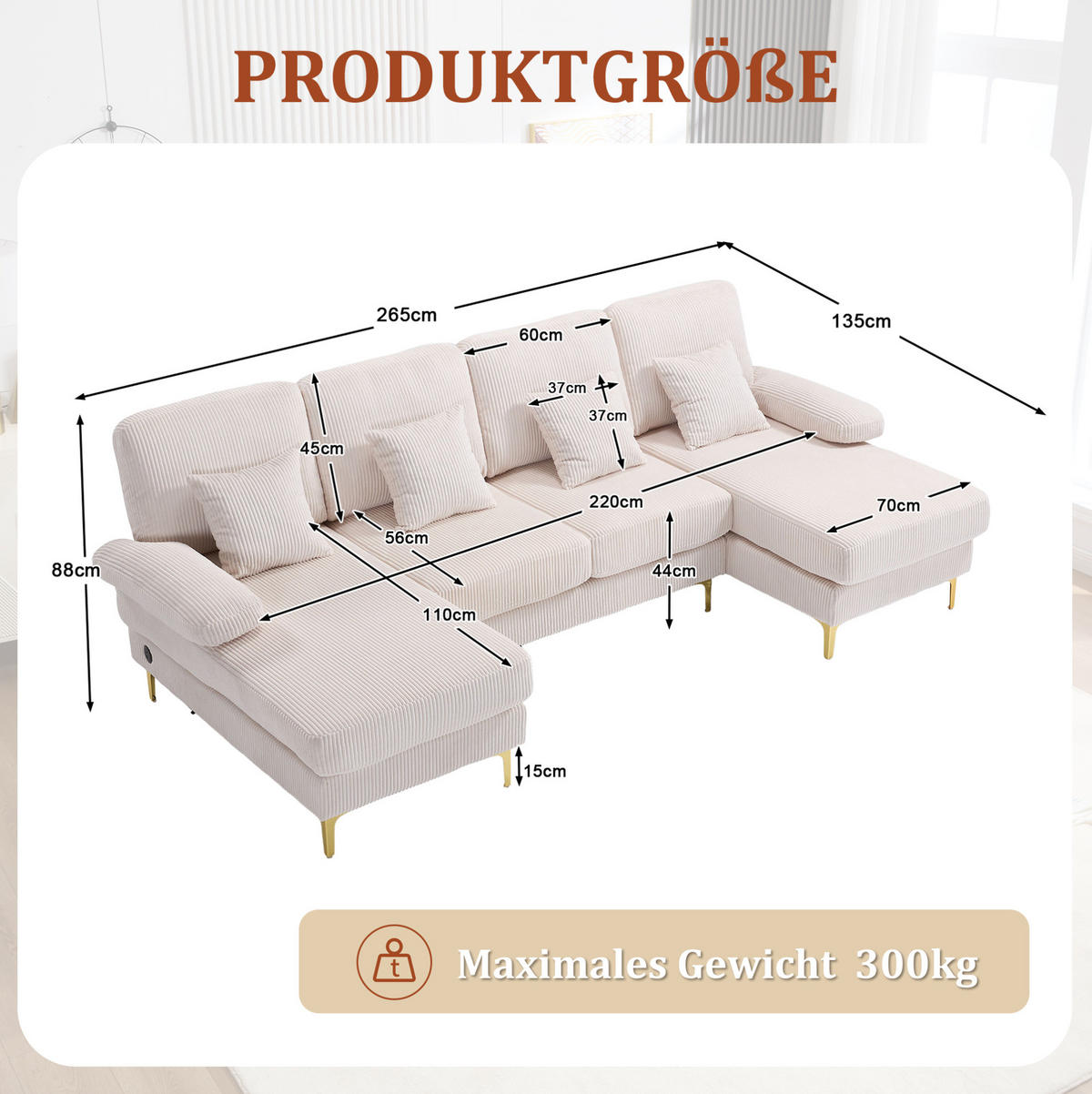 SEDACIA zostava v tvare U, 265/135/88 cm, zamat béžová, s LED osvetlením a USB portom - béžová, textil (135/88/265cm) - BEAOK