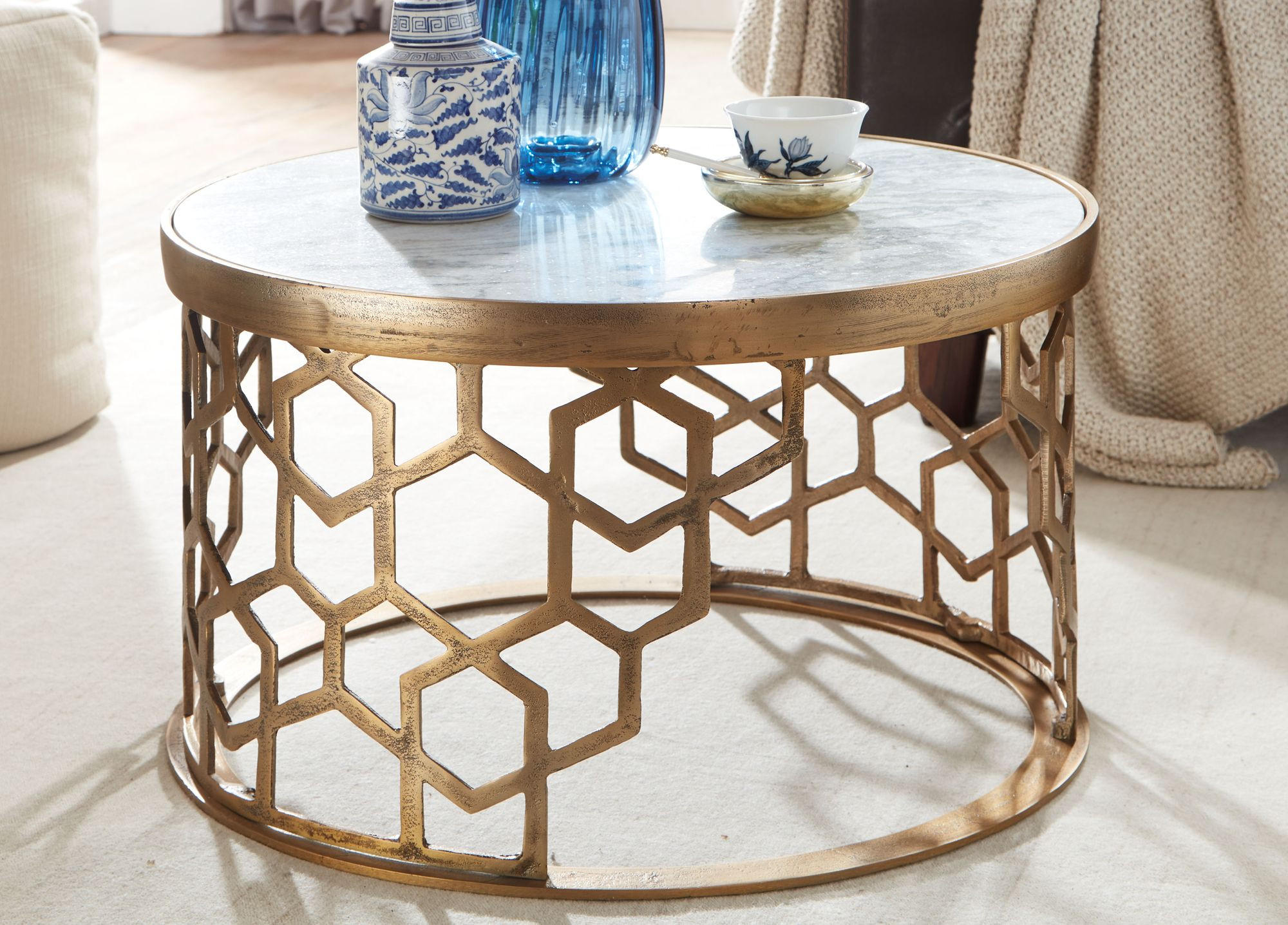 Thumbnail - Kadima Design Couchtisch, Weiß, Stein, Rund,Rund, Gittergestell, 60x36x60 cm, Wohnzimmer, Wohnzimmertische, Couchtische