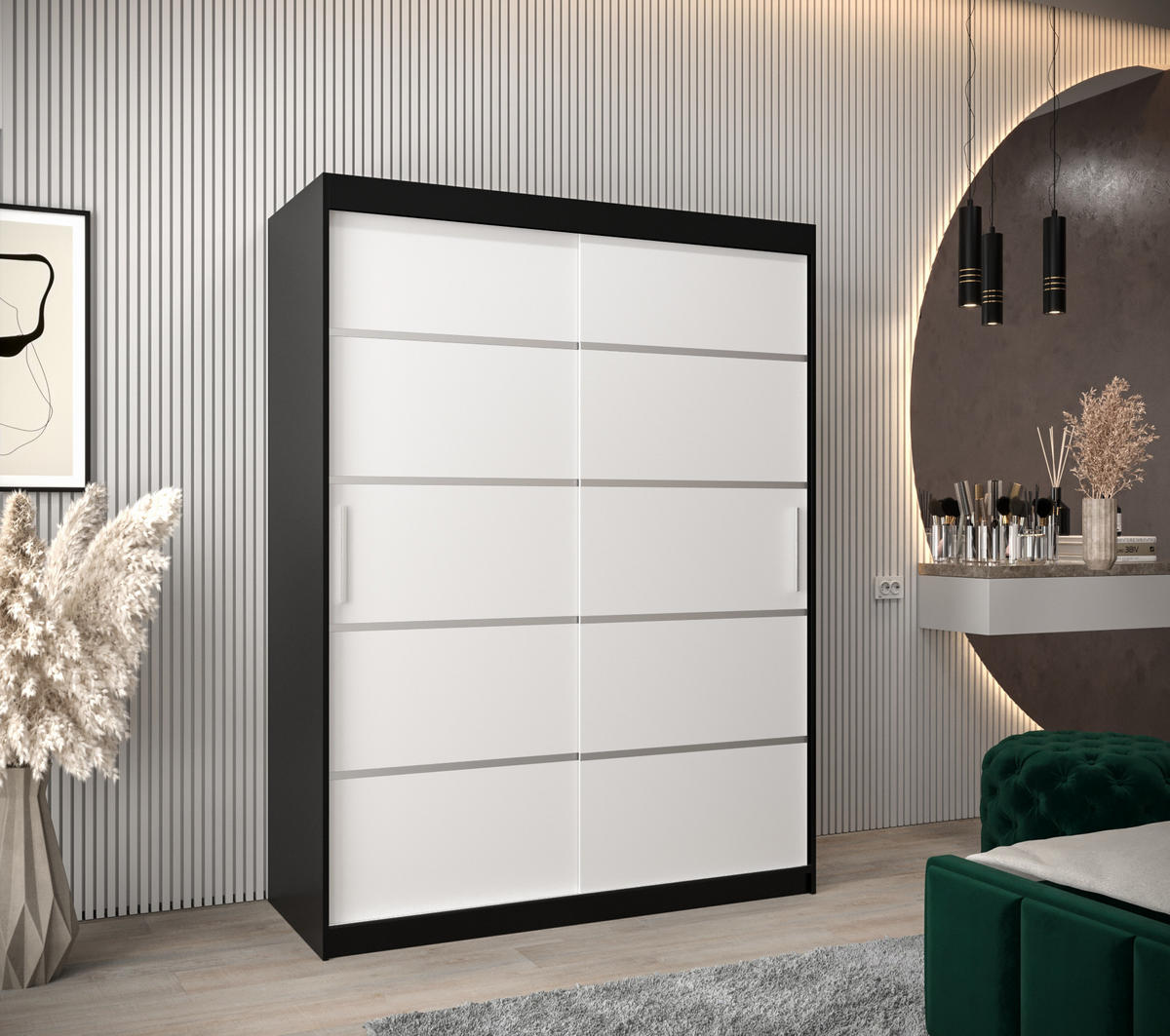 SCHWEBETÜRENSCHRANK 200/150/62 2-türig - Silberfarben/Schwarz, Holz/Kunststoff (150/200/62cm) - Abiks Möbel