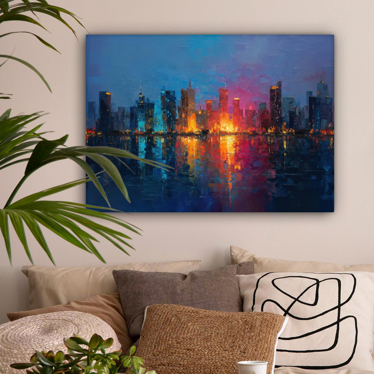 LEINWANDBILD Skyline - Pinselstriche - Dunkelblau - Leuchtend Wandbilder 80x60 cm - Blau, Textil (80/60cm) - MuchoWow