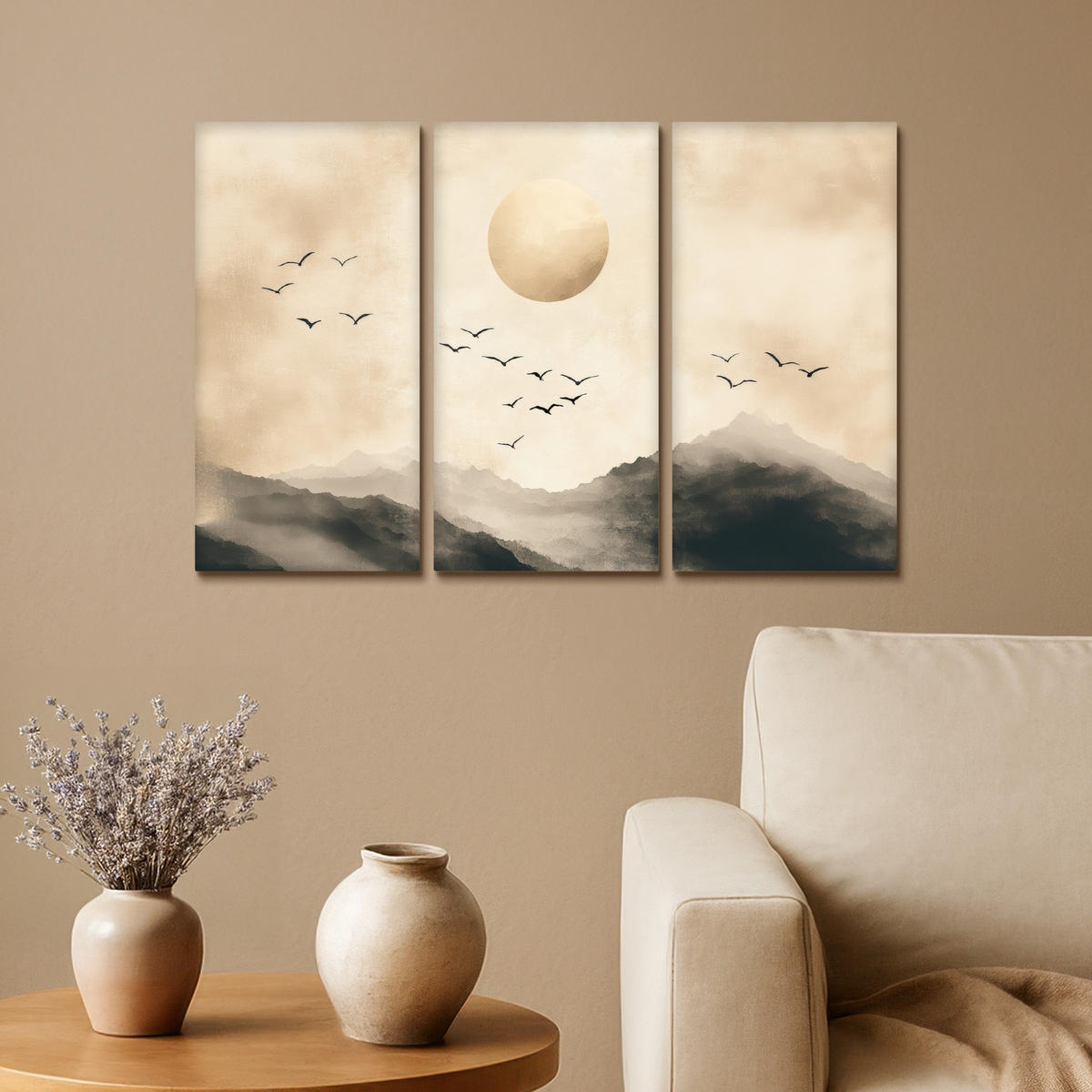 LEINWANDBILD 3er Set Landschaft - Japandi - Beige - Vögel 60x40 cm - Beige, Textil (60/40cm) - MuchoWow
