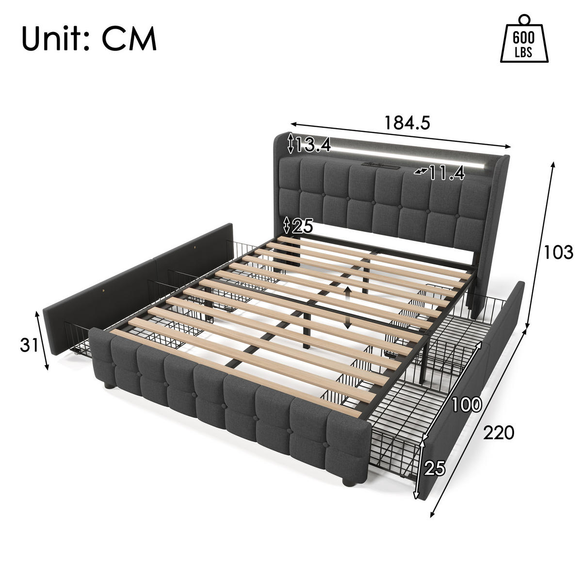 POLSTERBETT 180/200 cm mit LED-Beleuchtung, USB und 4 Schubladen in Grau - Grau, Holz (180/200cm) - BEAOK