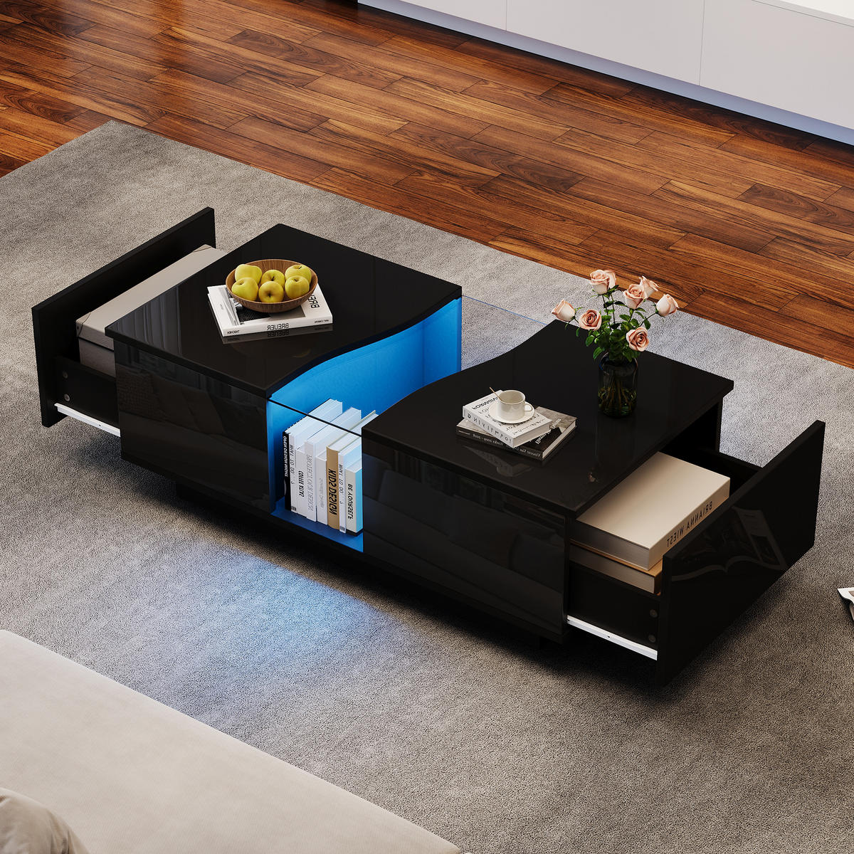 COUCHTISCH mit 2 Schubladen und LED Schwarz - Schwarz, Holzwerkstoff (100/50/35cm) - Urban Meuble
