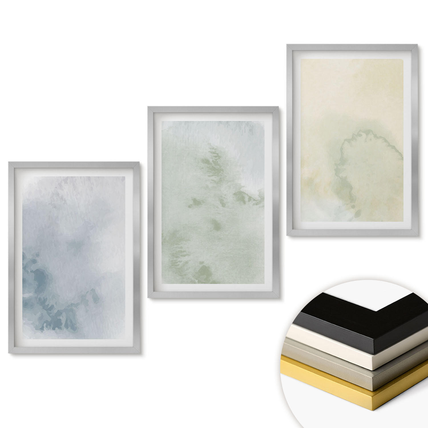 WANDBILDER 3er Set - 40x60 cm Silberner Rahmen - Pastellfarben auf Leinwand - Silberfarben, Kunststoff (40/60cm) - ArtPrintCave