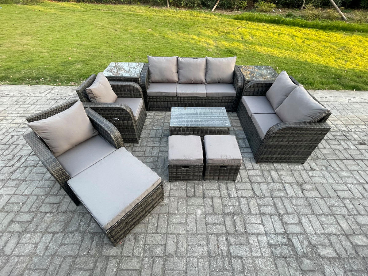 GARTENMÖBELSET mit Couchtisch Polyrattan 10-Sitzer - Dunkelgrau/Grau, Glas/Kunststoff - Fimous