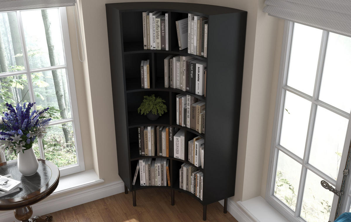 BÜCHERREGAL Horn, Schwarz, Bogenform, 10 Fächern, 80 cm - Schwarz, Holzwerkstoff/Metall (80/181/32cm) - Skandica