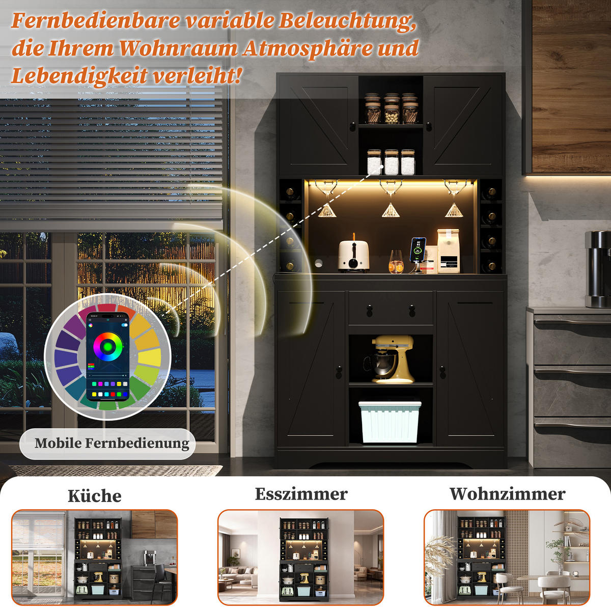 BUFFET 105/39/180 cm Schwarz mit 1 Schublade, Weinflaschenfächern und farbwechselnder LED-Beleuchtung - Schwarz, Holz (105/180/40cm) - Oxeza