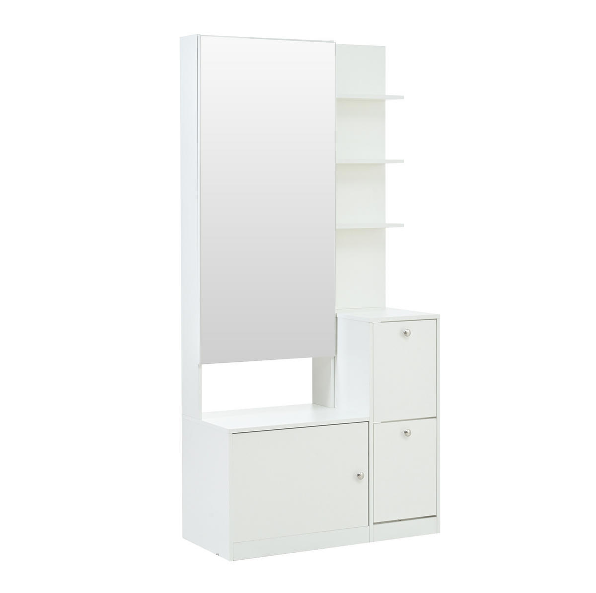FLURSCHRANK 85/40/180 cm mit Spiegel, 2 Schuhschränken, 5 offenen Ablagen und Spanplatte, Weiß - Weiß, Holzwerkstoff (85/180/40cm) - Redom