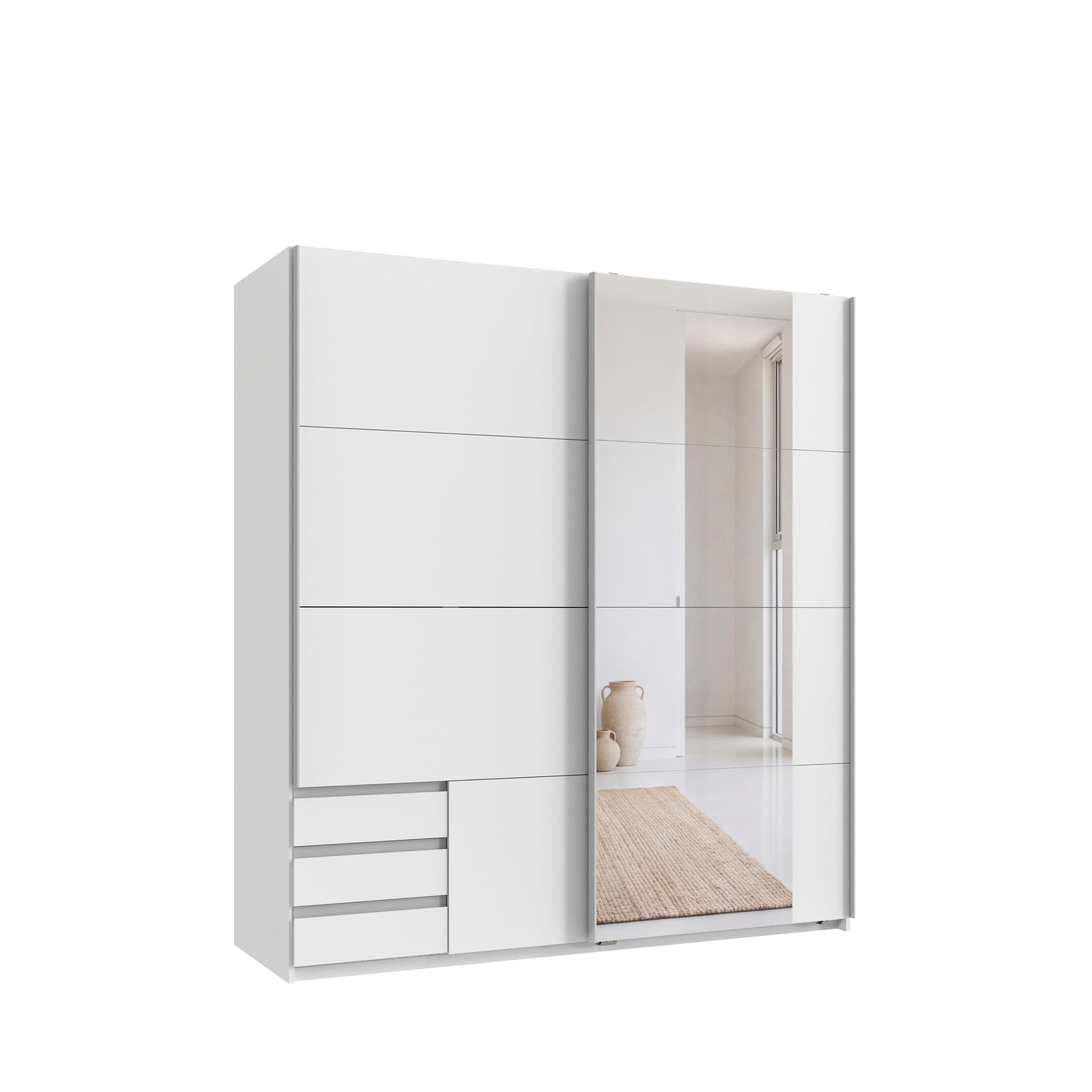 SCHWEBETÜRENSCHRANK 2-türig B179/H198/T65 cm, Kleiderschrank in Weiß mit sichtbaren Schubkästen & Spiegel / 22702 - Alufarben/Weiß, Holz/Holzwerkstoff (179/198/65cm) - luma-home