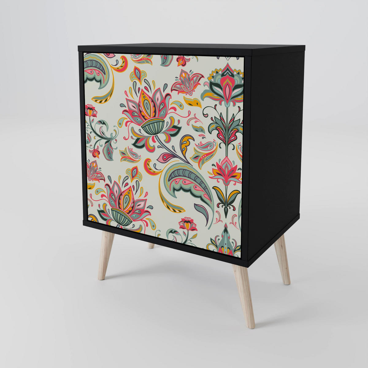 SIDEBOARD ORGANIC FOLKLORE, Schwarz, 57,5x42x70,5 cm, Schwarze Metall-Sternfüße - Multicolor/Schwarz, Holzwerkstoff/Metall (57.5/70.5/42cm) - SpaceRebels