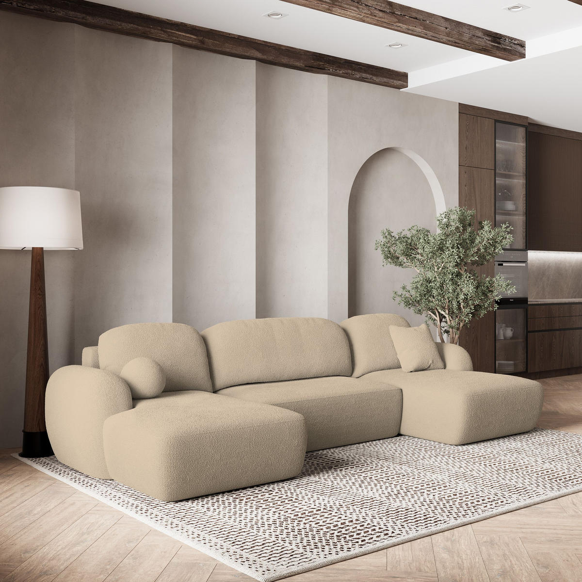 WOHNLANDSCHAFT SAVONA N Creme Boucle-Stoff mit Schlaffunktion - Creme, Holz (350/90/148cm) - MASSENO