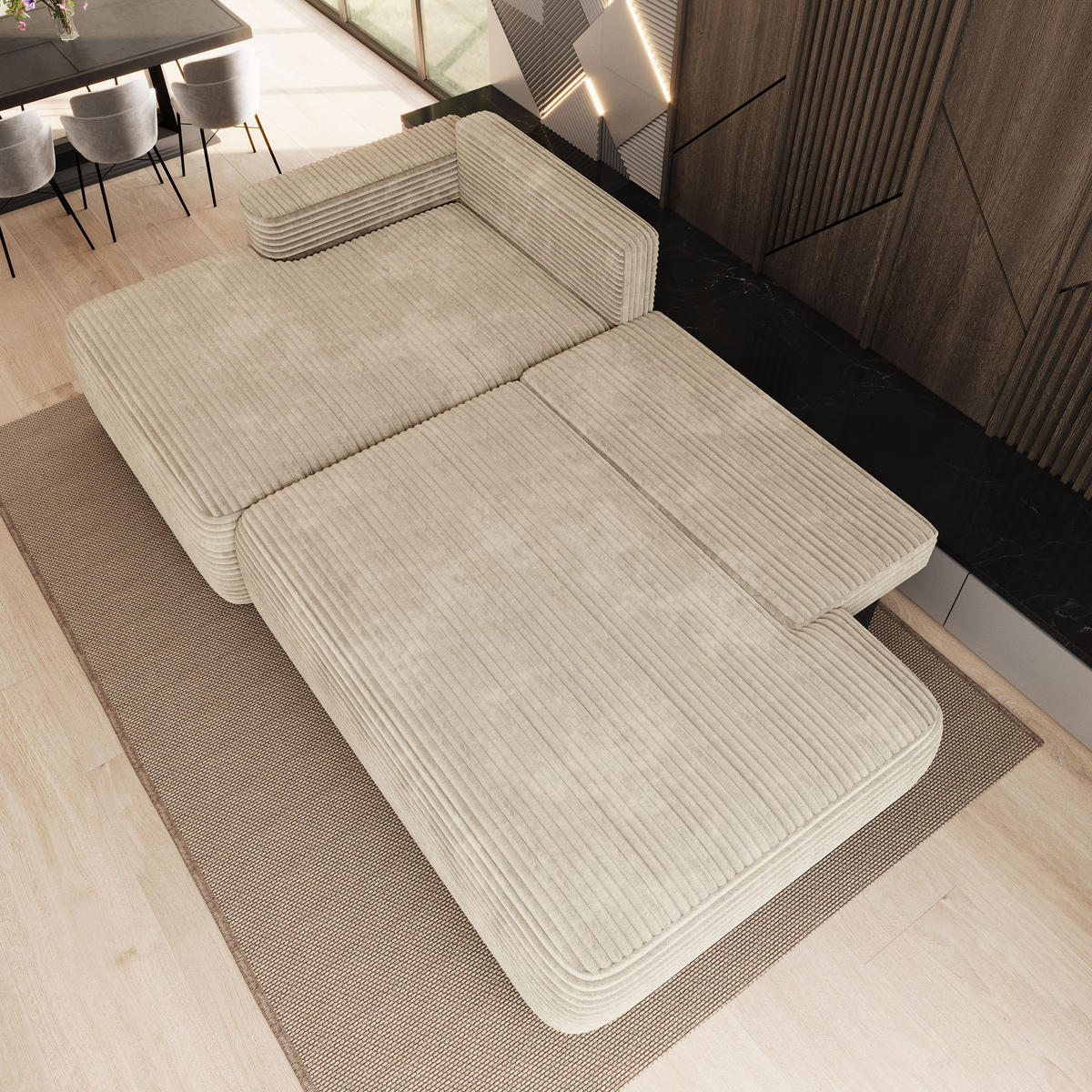 ECKSOFA AVINI T L-S Creme Kordstoff mit Schlaffunktion - Creme, Holzwerkstoff/Textil (277/160cm) - MASSENO