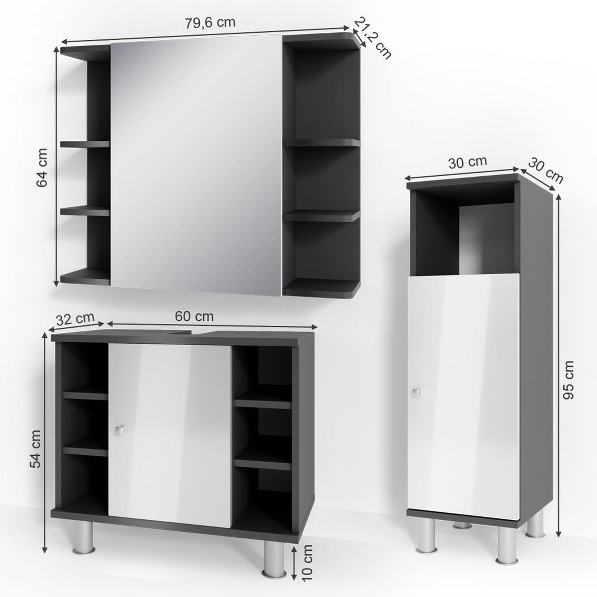 BADMÖBEL-SET Fynn Anthrazit 3 Teile, mit Midischrank - Weiß Hochglanz/Anthrazit, Holzwerkstoff (60/54/32cm) - Vicco