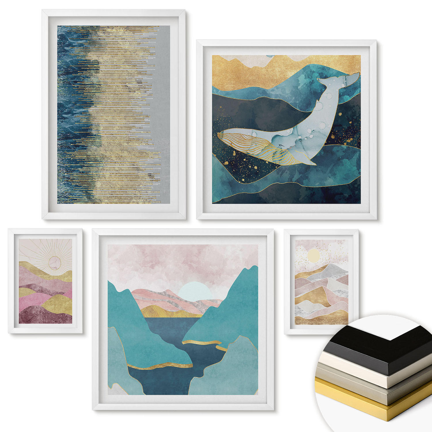WANDBILDER 5er-Set - 50x50 cm & 20x30 cm & 40x60 cm Weißer Rahmen - Abstrakte Berge Sonne - Weiß, Kunststoff (40/60cm) - ArtPrintCave