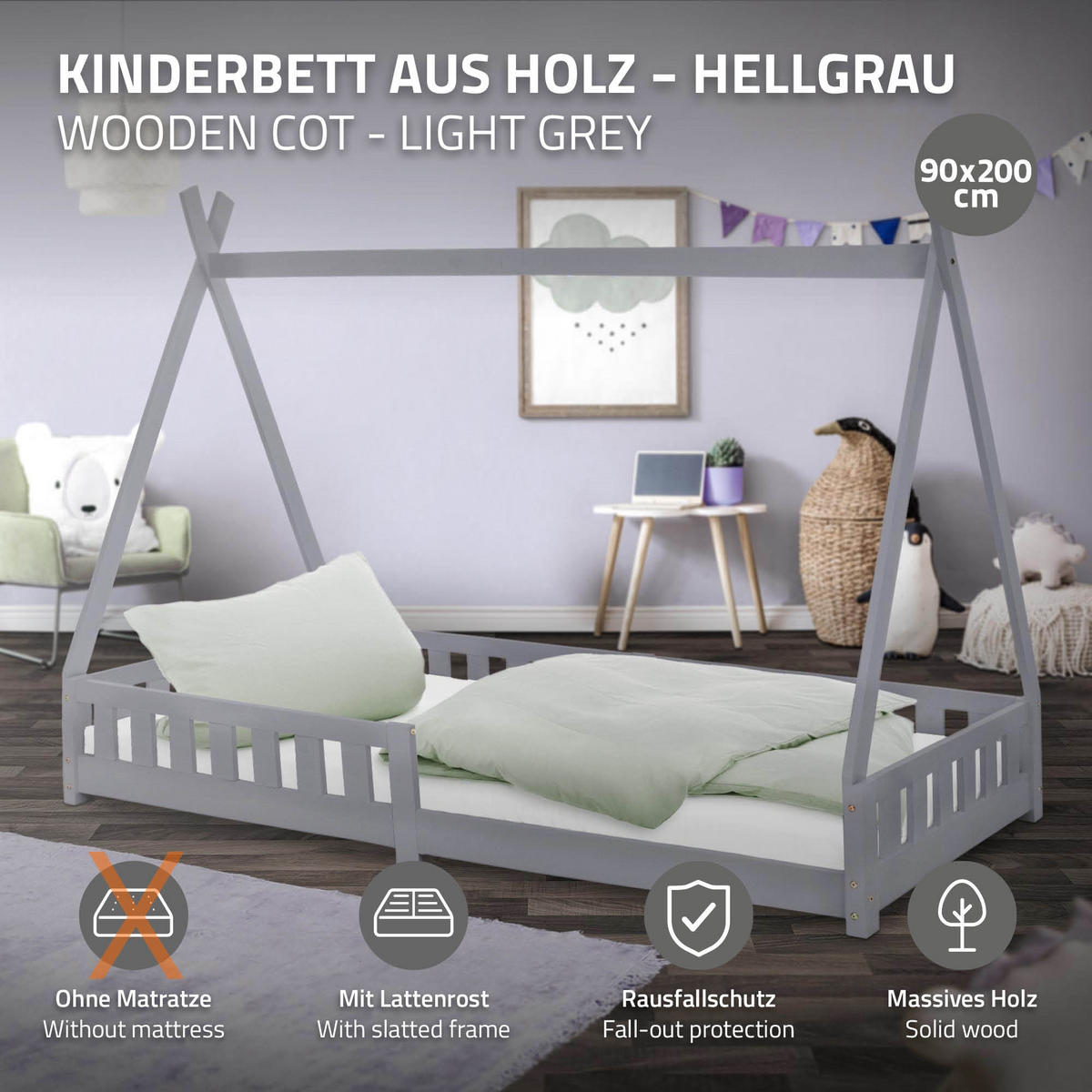 KINDERBETT Tipi 90x200 cm Hellgrau - Hellgrau, Holz (90/200cm) - ML-DESIGN