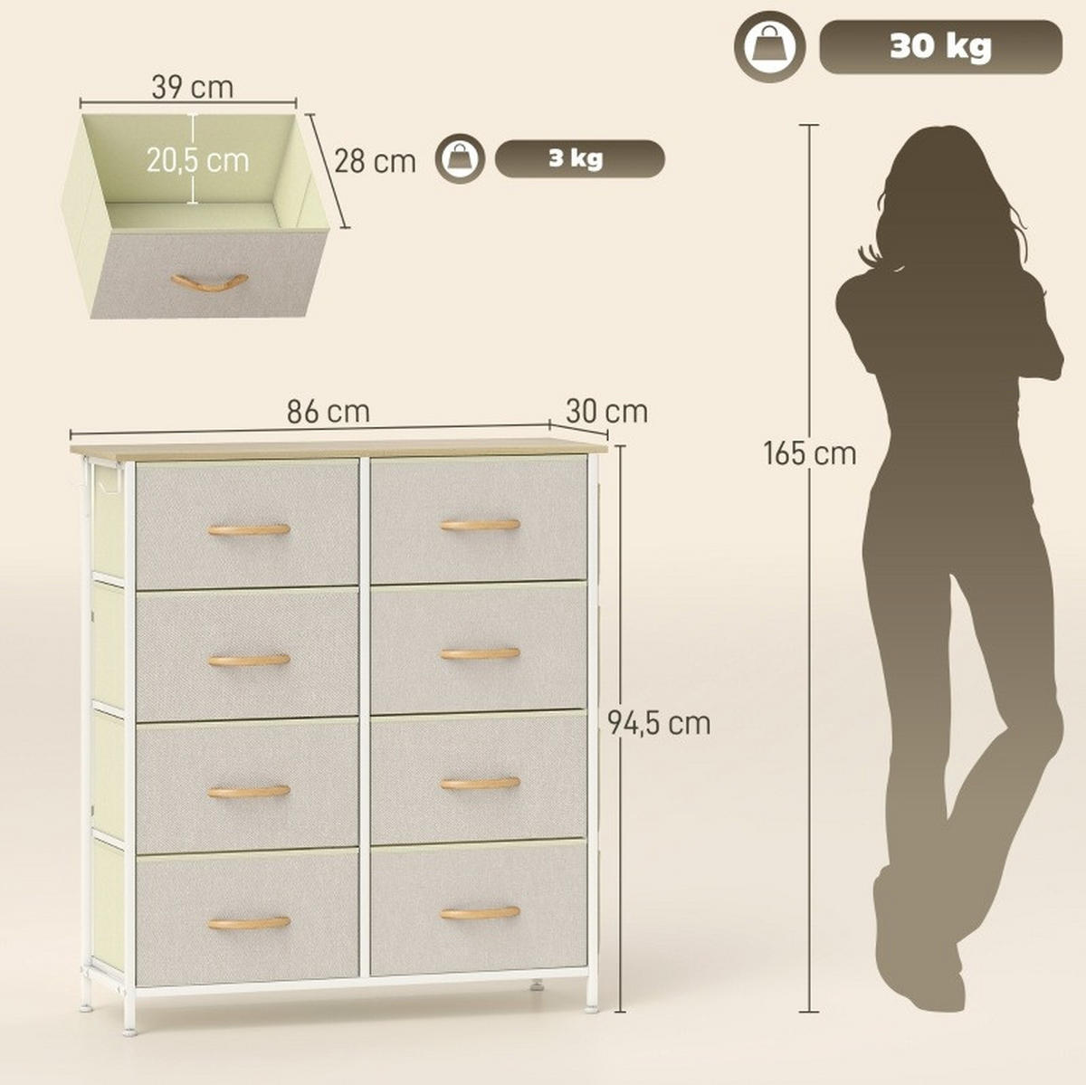 KOMMODE 86/30/94,5 cm aus Stahl mit 8 Stoffschubladen Beige - Beige, Metall (86/94.5/30cm) - Modenvie