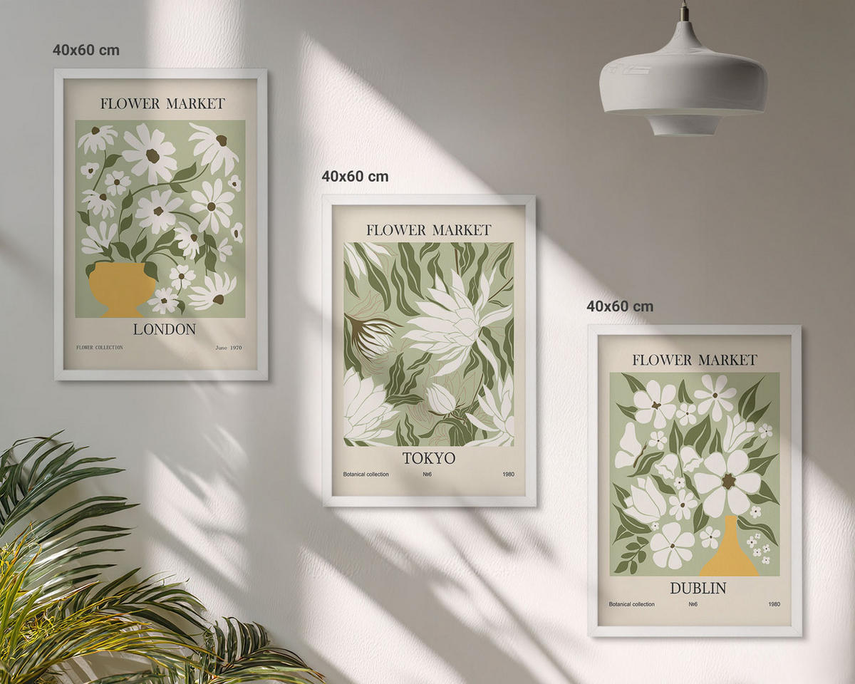 WANDBILDER 3er-Set - 40x60 cm Weißer Rahmen - Blumenmuster London Tokio Dublin - Weiß, Kunststoff (40/60cm) - ArtPrintCave