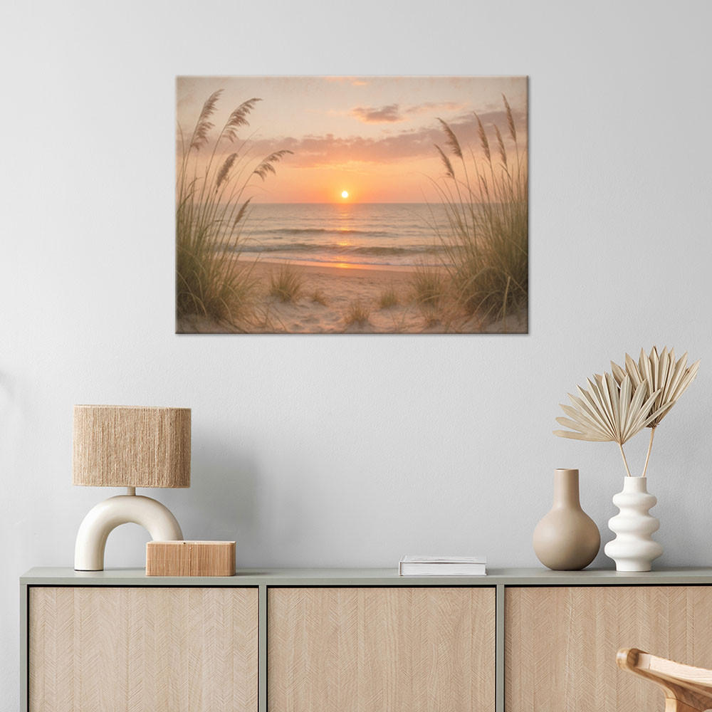 LEINWANDBILD Sonnenuntergang Strand Seegras 90x60cm - Orange, Textil (90/60cm) - Feeby