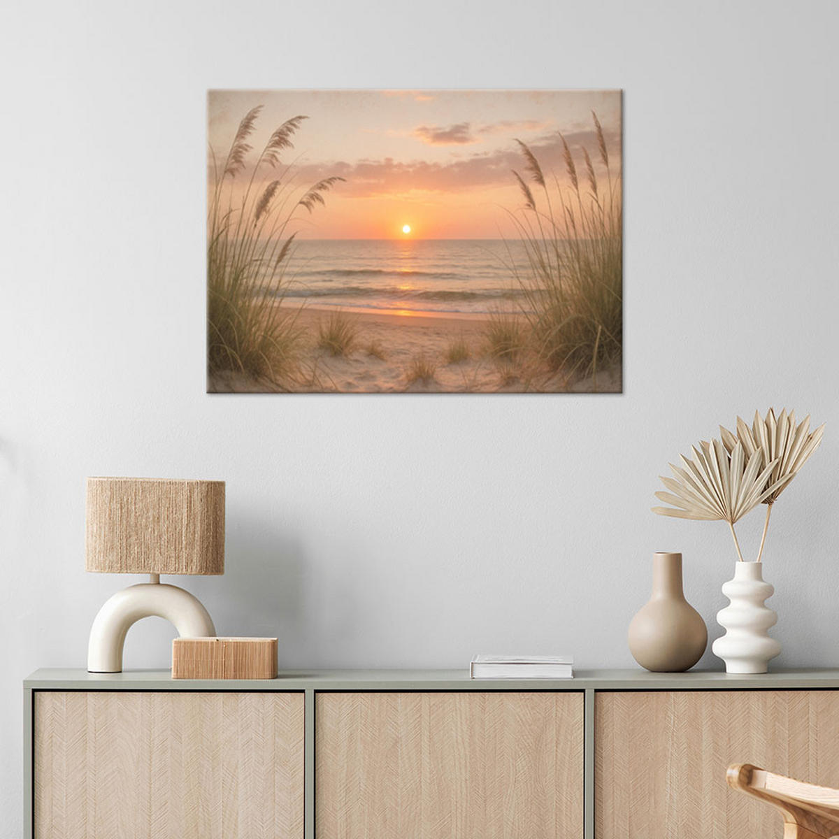 LEINWANDBILD Sonnenuntergang Strand Seegras 90x60cm - Orange, Textil (90/60cm) - Feeby