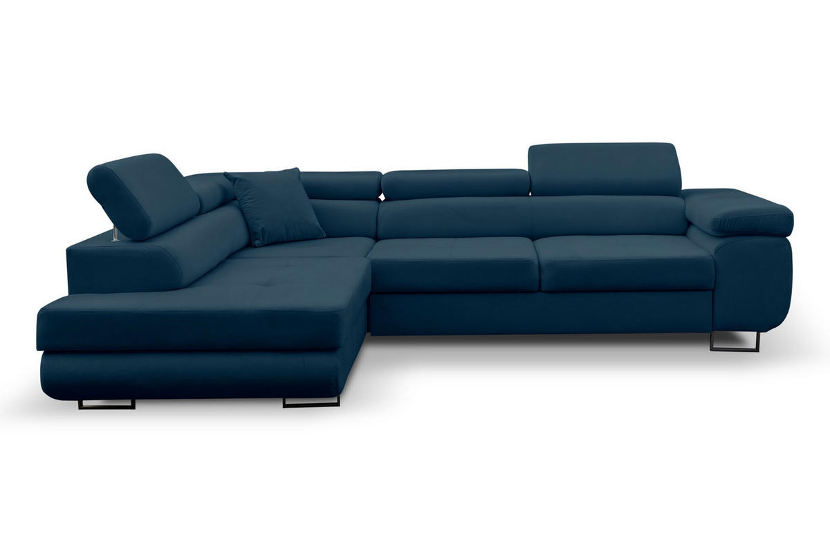 ECKSOFA Jerry in L-Form mit Schlaffunktion und Bettkasten, Farbe: Blau, Veloursstoff, Ottomane Links - Blau, Textil (202/275cm) - VENASI MÖBEL